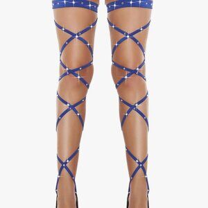 Women Blue Criss Cross Sparkle Rhinestone Crystal Over Knee Thigh High Stocking